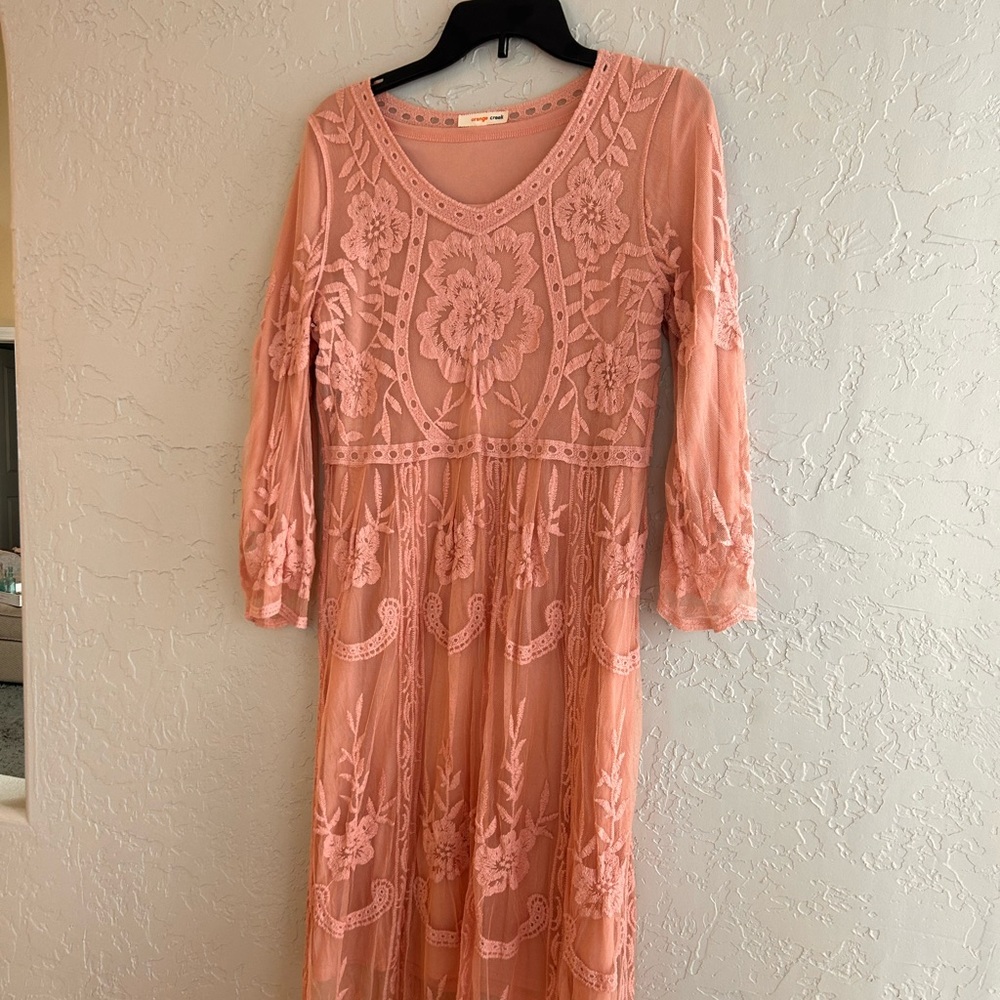 Orange creek, pink lace dress